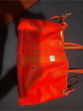 MCM Orange Logo-Print Leather Tote with Gold Plaque